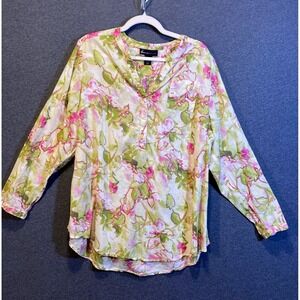 Lane Bryant Womens 18/20 Floral Cotton Tunic Blouse Lime Green Pink Popover Top